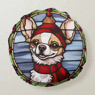 Chihuahua Stained Glass Christmas Round Cushion