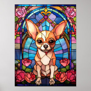 Chihuahua Stained Glass Window Pink Rose Portrait Poster
