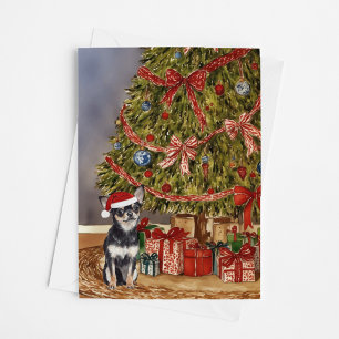Chihuahua - Tri Colored Watercolor Christmas Tree Card