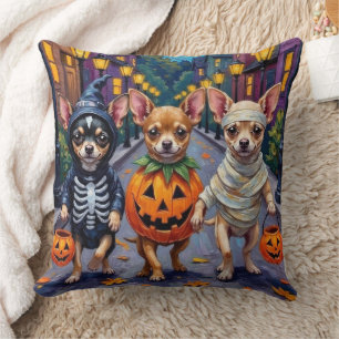 Chihuahua Trick-or-Treating in Halloween Costumes Cushion