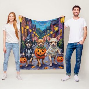 Chihuahua Trick-or-Treating in Halloween Costumes Fleece Blanket