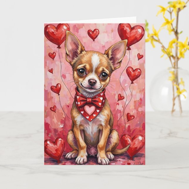 Chihuahua Valentine’s Day Dog with Hearts Red Card (Yellow Flower)
