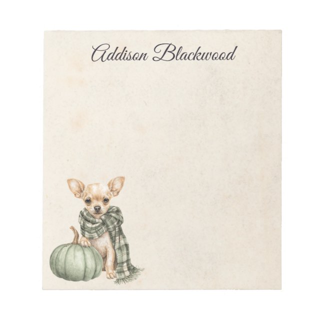 Chihuahua with a Green Pumpkin Fall Personalised Notepad (Front)