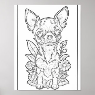 Chihuahua With Daisy Flowers Colouring Page Poster