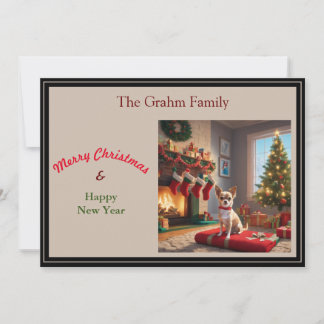 Chihuahua with fireplace and Christmas tree Holiday Card
