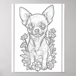 Chihuahua With Flowes Colouring Page Poster