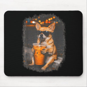 Chihuahua with glasses drinking iced coffee dog mouse mat