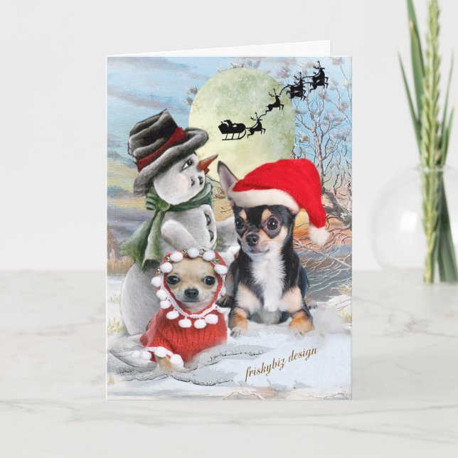 Chihuahua With Snowman Christmas Cards (Front)