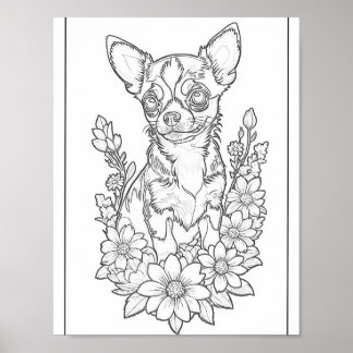 Chihuahua With Sun Flowers Colouring Page Poster