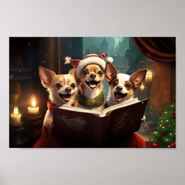 Chihuahuas Christmas Caroling Festive Holiday Poster (Front)