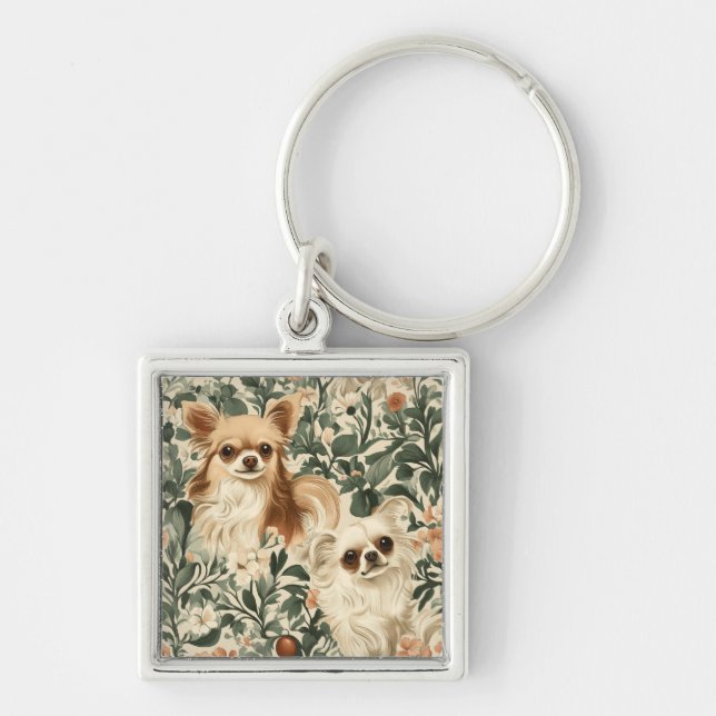 Chihuahuas in a Garden - Two Cute Long-Haired Chis Key Ring (Front)