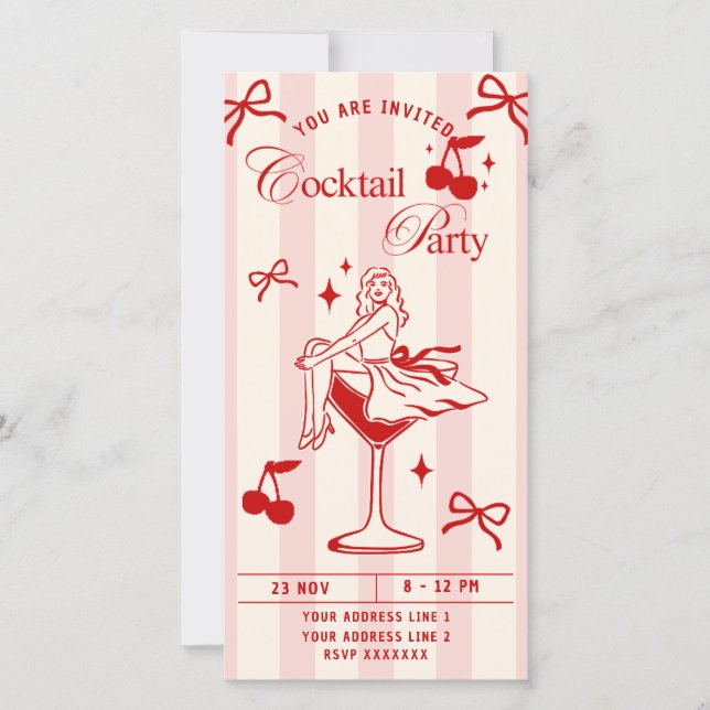 Chik Red & Pink Retro Bow girls Cocktail party Holiday Card (Front)