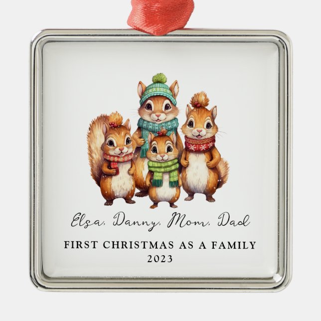 Child Adoption First Christmas As Family Squirrels Metal Tree Decoration (Front)