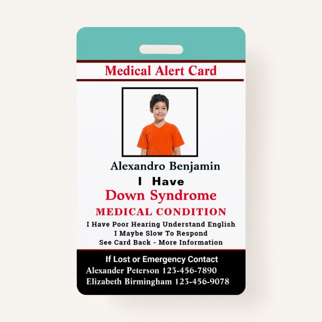 Child Adult Medical Alert ID Identification Card ID Badge (Front)