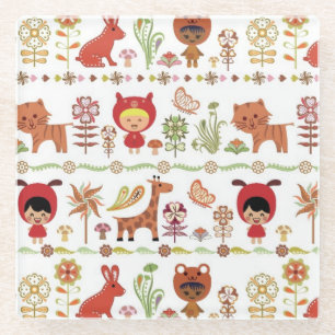 Child and Animals Pattern Glass Coaster