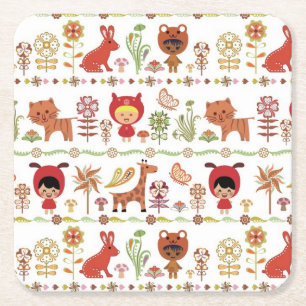 Child and Animals Pattern Square Paper Coaster