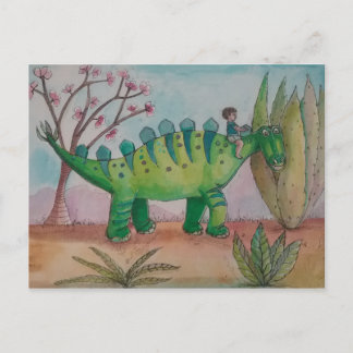 Child and his pet dinosaur postcard