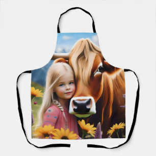 Child And Pet Highland Cow Having Cuddles, Apron