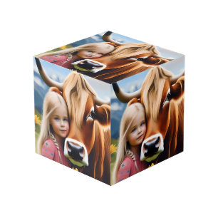 Child And Pet Highland Cow Having Cuddles, Cube