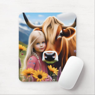 Child And Pet Highland Cow Having Cuddles, Mouse Mat