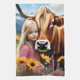 Child And Pet Highland Cow Having Cuddles, Tea Towel