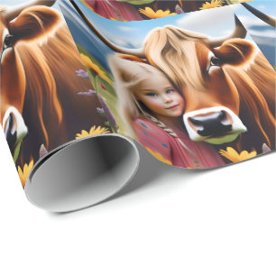 Child And Pet Highland Cow Having Cuddles, Wrapping Paper