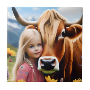 Child And Pet Highland Cow Love, Tile
