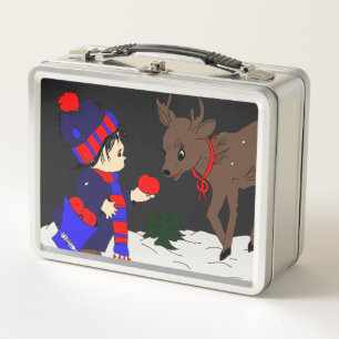 Child and Reindeer at Night Metal Lunch Box