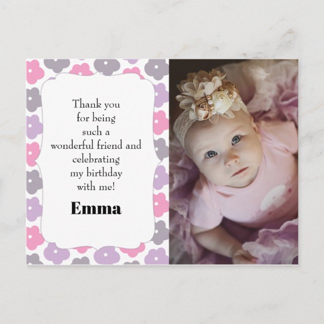 Child Birthday Party Photo Thank You Pink Purple  Postcard (Front)