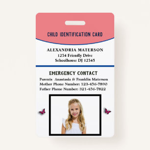 Child Boy Girl ID Identification Card Allergy ID Badge
