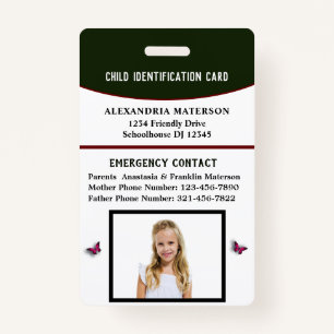 Child Boy Girl ID Identification Card Emergency ID Badge