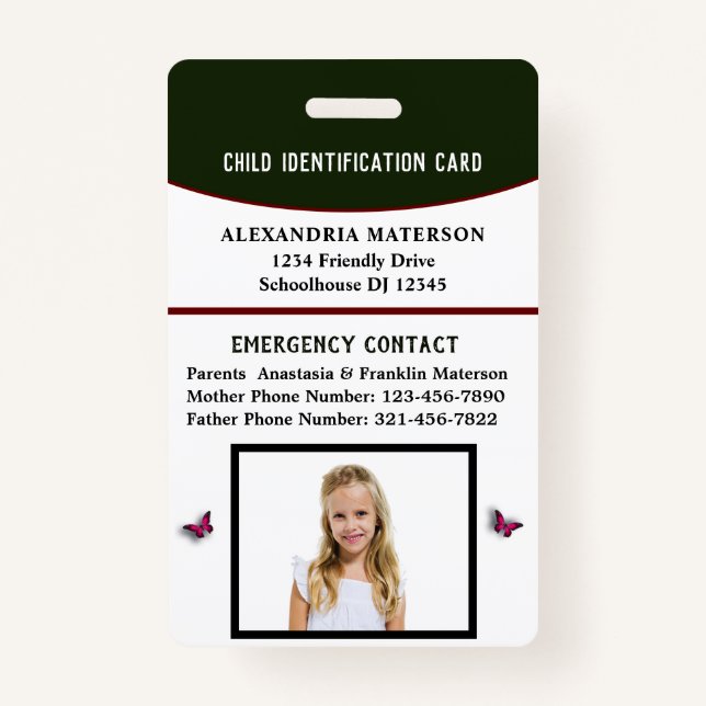 Child Boy Girl ID Identification Card Emergency ID Badge (Front)