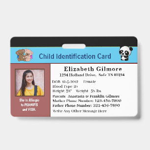 Child Boy Girl ID Identification Card Personalise  Badge
