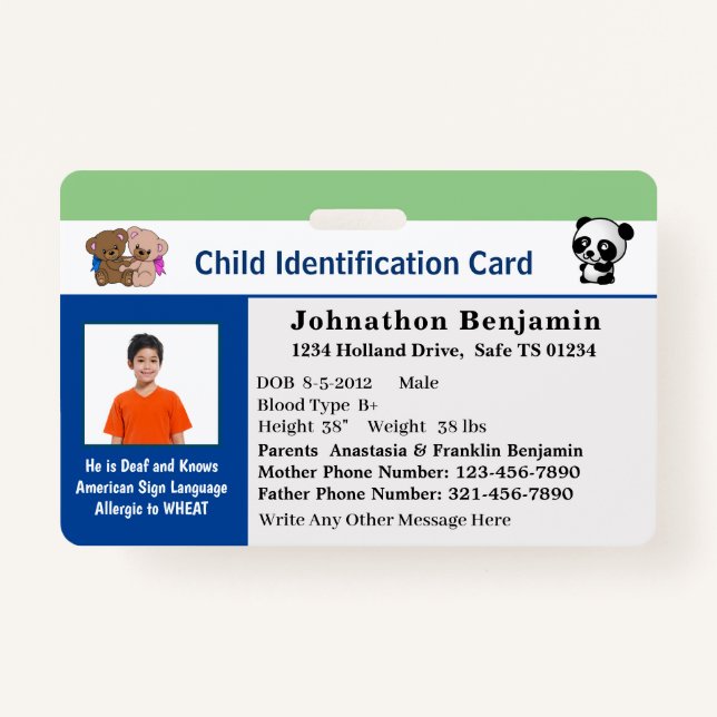 Child Boy Girl ID Identification Card Personalise  ID Badge (Front)
