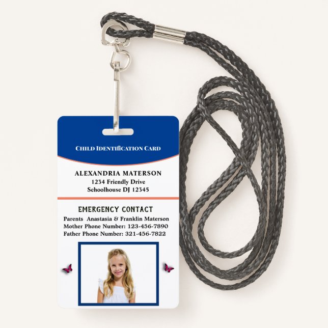 Child Boy Girl ID Identification Card Personalise ID Badge (Front with Lanyard)