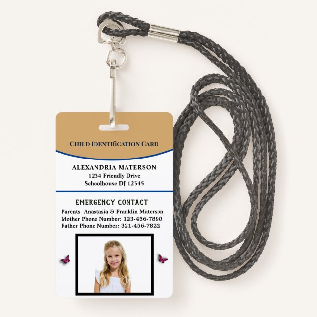 Child Boy Girl ID Identification Emergency Card ID Badge (Front with Lanyard)
