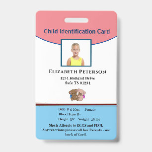 Child Boy Girl ID Identification Personalise Badge