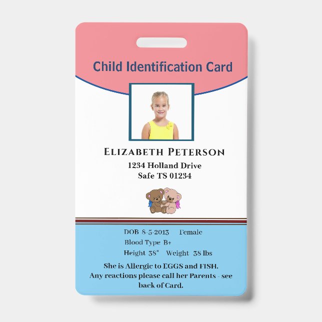 Child Boy Girl ID Identification Personalise  Badge (Front)