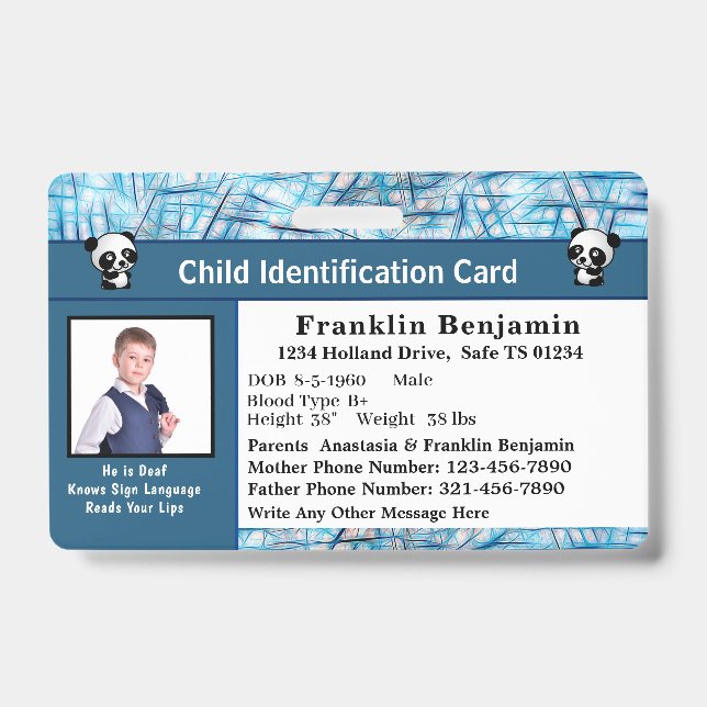 Child Boy Girl ID Identification Personalise Card Badge (Front)
