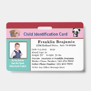 Child Boy Girl ID Identification Personalise Card Badge