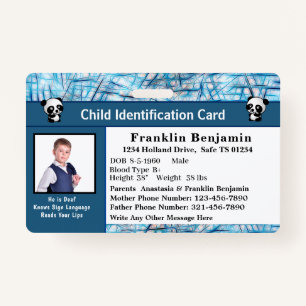 Child Boy Girl ID Identification Personalise Card ID Badge