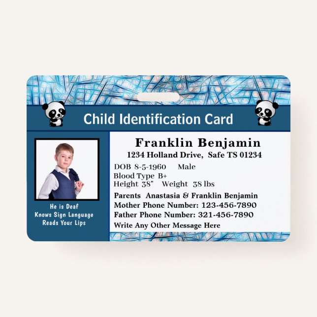 Child Boy Girl ID Identification Personalise Card ID Badge (Front)