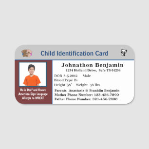 Child Boy Girl ID Identification Personalise Card Name Tag