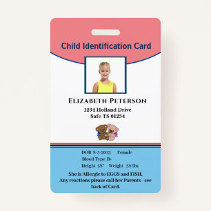 Child Boy Girl ID Identification Personalise  ID Badge