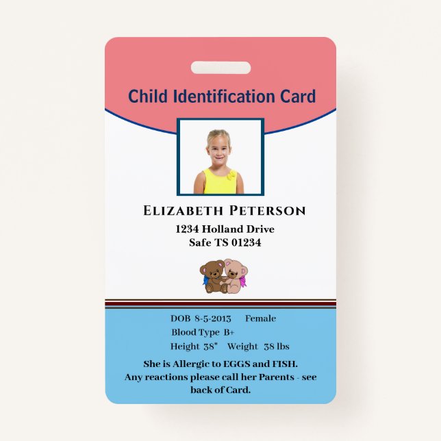 Child Boy Girl ID Identification Personalise  ID Badge (Front)
