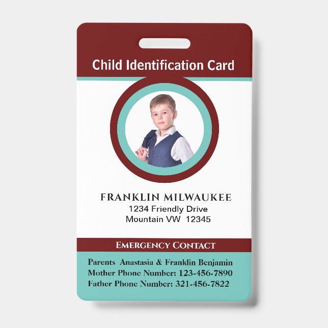 Child Boy Girl Photo ID Identification Card Badge (Front)