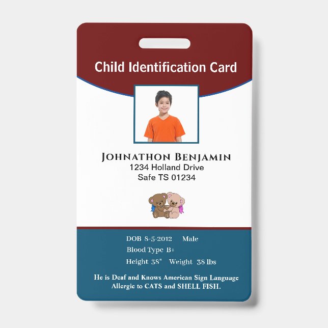 Child Boy Girl Photo Parent Contact Alert ID Badge (Front)