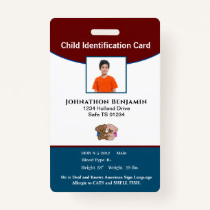 Child Boy Girl Photo Parent Contact Alert ID ID Badge