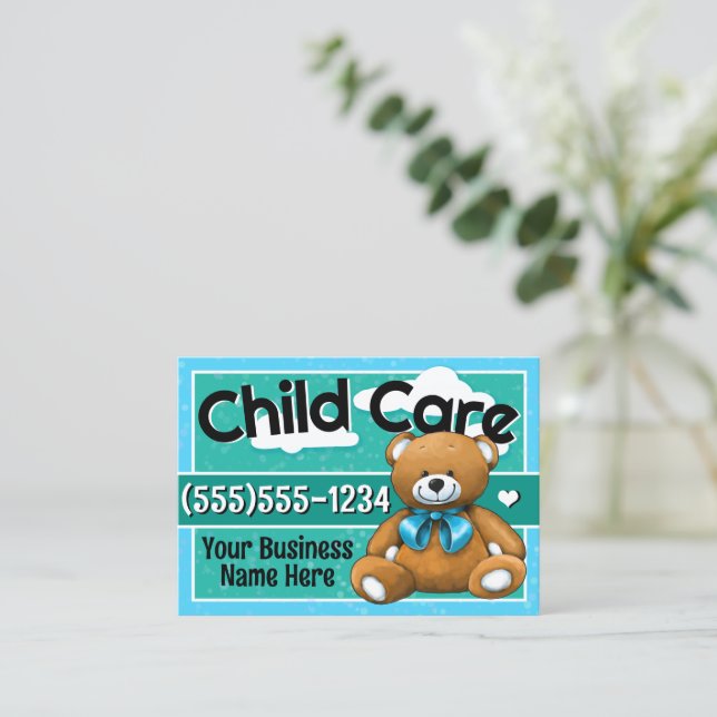 Child Care Day Care Teddy Bear Blue Business Card (Standing Front)