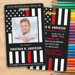 Child Emergency ID Firefighter Red Kids Photo Badge